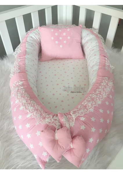 Jaju Baby Jaju Babynest Pembe -Beyaz Yıldız  Lüx Babynest