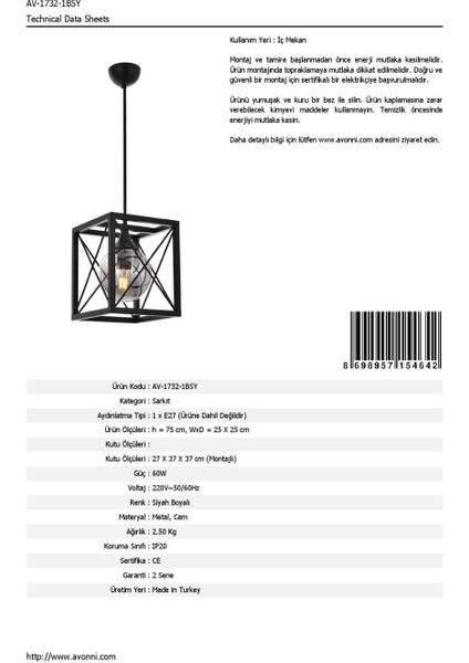 AV-60127-1BSY Siyah Boyalı Modern Avize E27 Metal Cam 25x25cm indirimleri