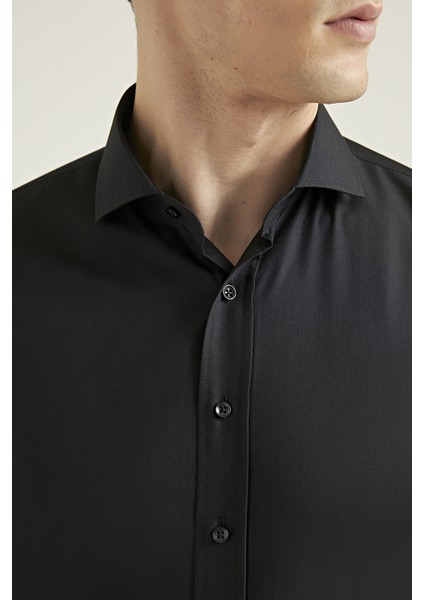 Slim Fit Siyah Düz Nano Care Gömlek 5HF02ORTSG01