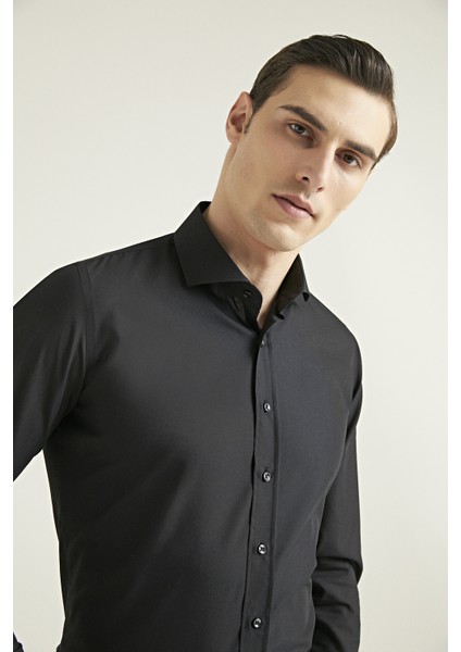 Slim Fit Siyah Düz Nano Care Gömlek 5HF02ORTSG01