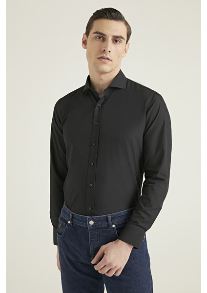 Slim Fit Siyah Düz Nano Care Gömlek 5HF02ORTSG01