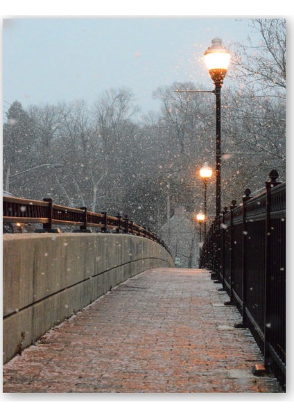 Ahşap Tablo Kar Yağışı Sokak Lambaları ve Köprü