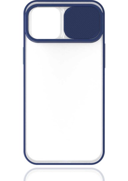 - Apple iPhone 12 - Kılıf Slayt Sürgülü Arkası Buzlu Lensi Kapak - Lacivert