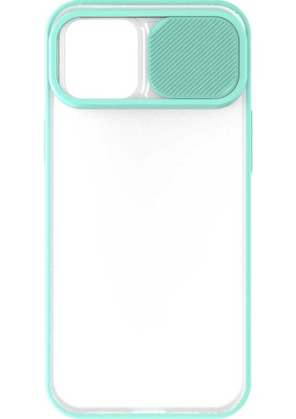 - Apple iPhone 12 Pro Max - Kılıf Slayt Sürgülü Arkası Buzlu Lensi Kapak - Turkuaz