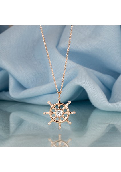 Taşlı Dümen Temalı Rose Kaplama Kadın Gümüş Kolye