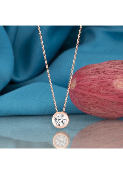 Taşlı Sıvama Tektaş Rose Kaplama Kadın Gümüş Kolye