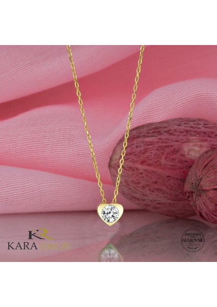 Gümüş Kolye Swarovskı Taşlı Tektaş Kalp Sıvama Altın Kaplama Kadın Kolye