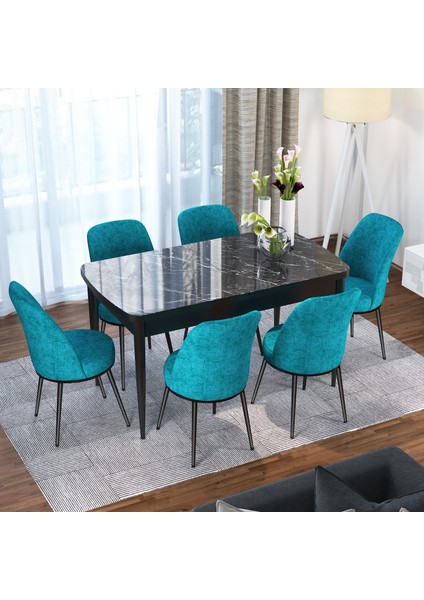 Concept Via Serisi Açılabilir Mutfak Masa Takımı- Siyah Mermer Desen Masa+6 Adet Sandalye