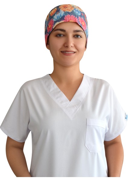 Renkli Çiçekli Doktor Hemşire Hastane Cerrahi Bonesi
