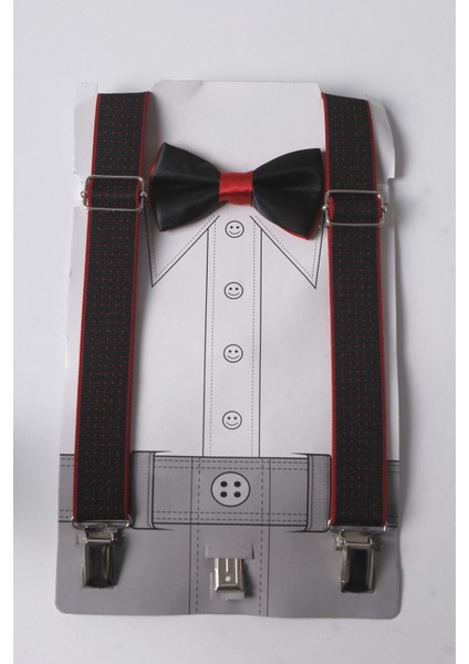 Siyah-Kırmızı Çocuk Pantolon Askısı ve Papyon Seti