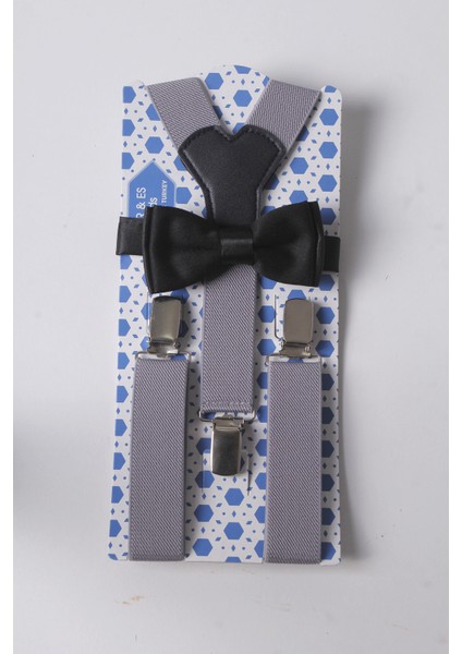Gri Çocuk Pantolon Askısı ve Papyon Seti