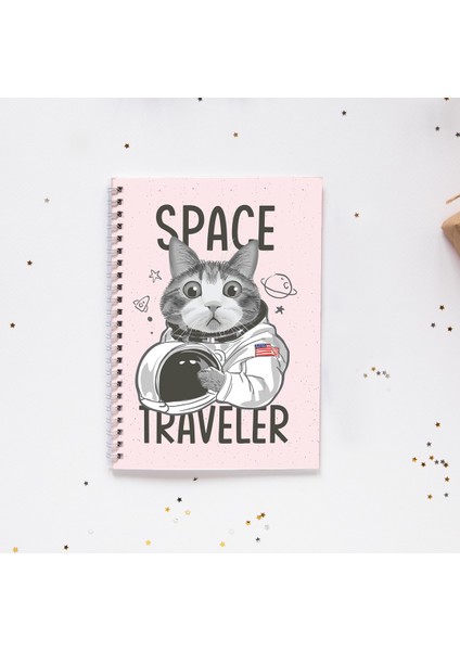PYTKDT0171 A5 Astronot Kedi Space Traveler Tasarımlı Spiralli Çizgisiz Defter 96 Yaprak