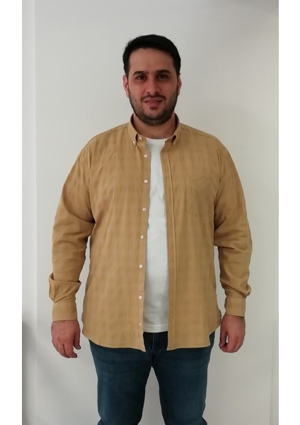 Büyük Beden Ekose Likralı Hardal Erkek Gömlek