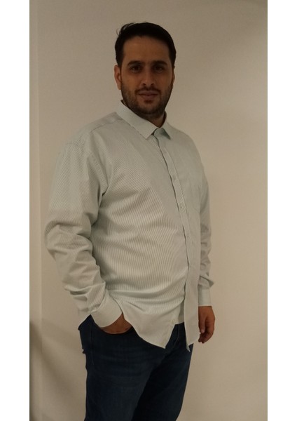 Büyük Beden Yeşil Çizgili Erkek Gömlek