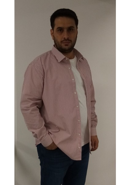 Büyük Beden Bordo Çizgili Erkek Gömlek