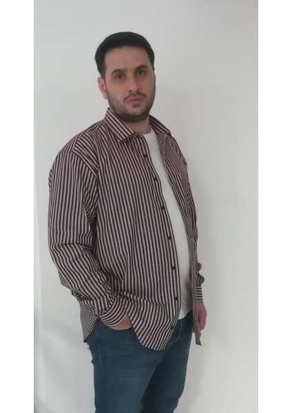 Büyük Beden Siyah Kırmızı Çizgili Erkek Gömlek