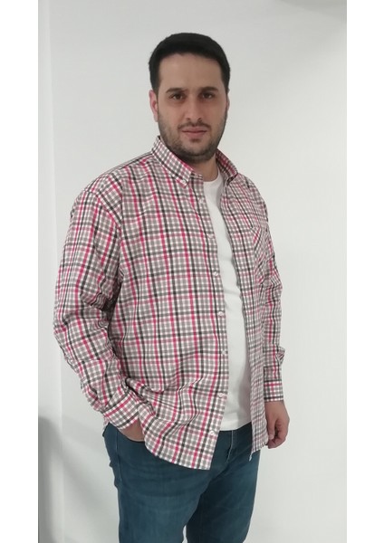 Büyük Beden Ekose Bej Erkek Gömlek