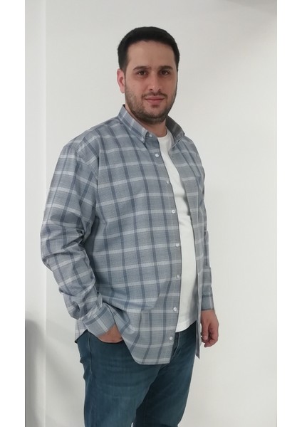 Büyük Beden Ekose İndigo Erkek Gömlek