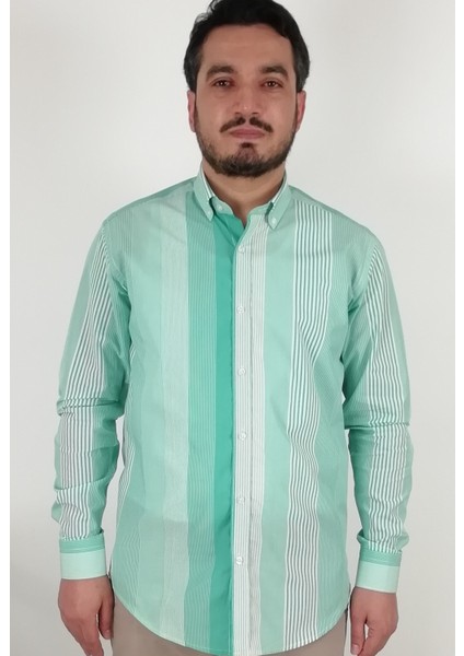 Slim Fit Yeşil Çizgili Erkek Gömlek indirimleri
