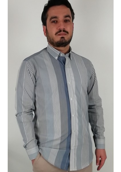 Slim Fit Gri Çizgili Erkek Gömlek