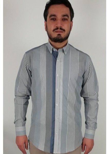 Slim Fit Gri Çizgili Erkek Gömlek fırsatları