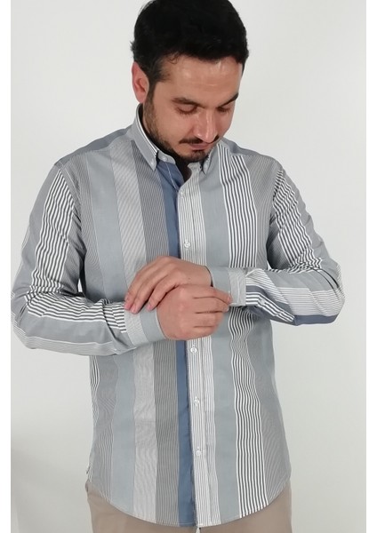 Slim Fit Gri Çizgili Erkek Gömlek indirimleri