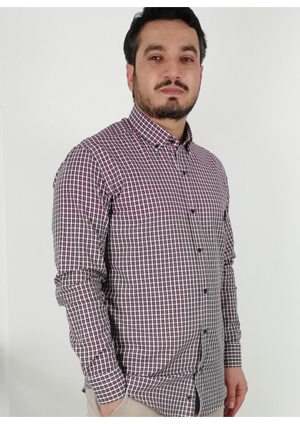 Slim Fit Ekose Bordo Erkek Gömlek