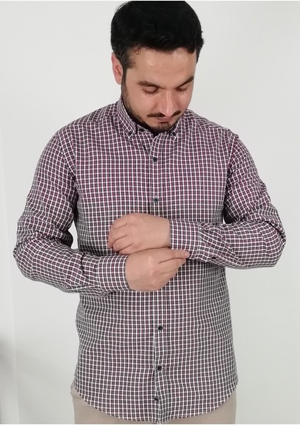 Slim Fit Ekose Bordo Erkek Gömlek fırsatları