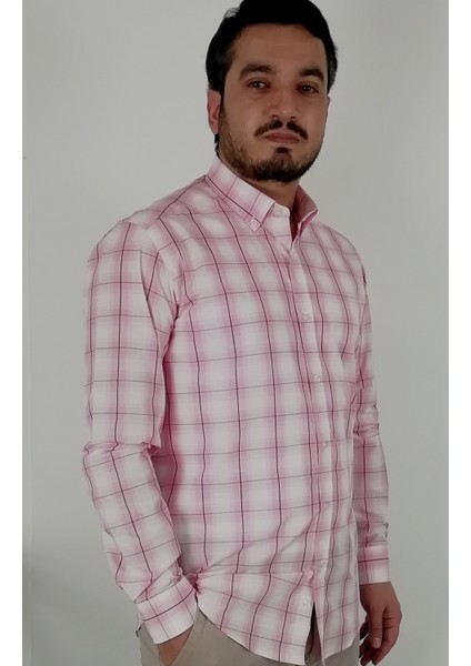 Slim Fit Ekose Pembe Erkek Gömlek