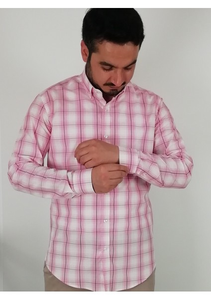 Slim Fit Ekose Pembe Erkek Gömlek fırsatları