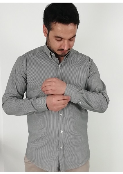 Slim Fit Çizgili Antrasit Erkek Gömlek fırsatları
