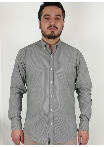Slim Fit Çizgili Antrasit Erkek Gömlek indirimleri