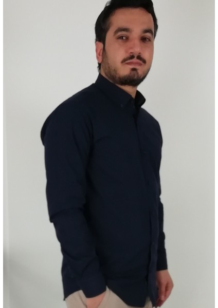 Slim Fit Lacivert Pitikareli Erkek Gömlek