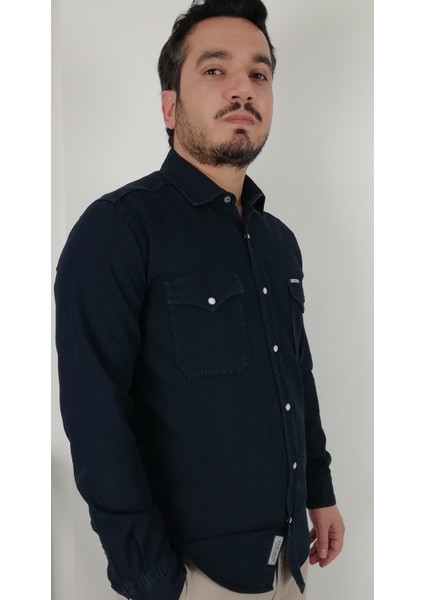 Slim Fit İndigo Oxford Erkek Gömlek