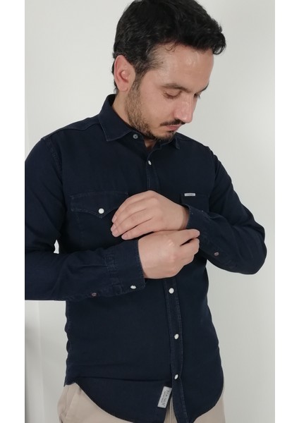 Slim Fit İndigo Oxford Erkek Gömlek fırsatları