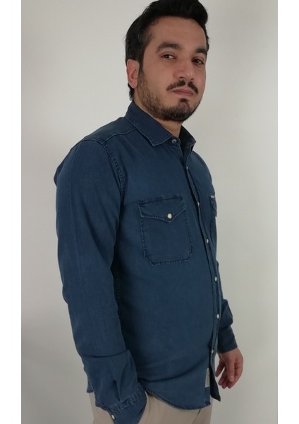 Slim Fit İndigo Oxford Erkek Gömlek