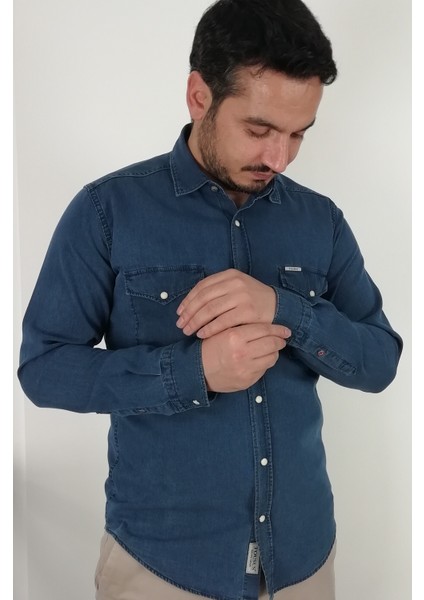 Slim Fit İndigo Oxford Erkek Gömlek fırsatları