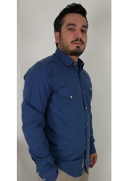 Slim Fit Western Armürlü İndigo Erkek Gömlek
