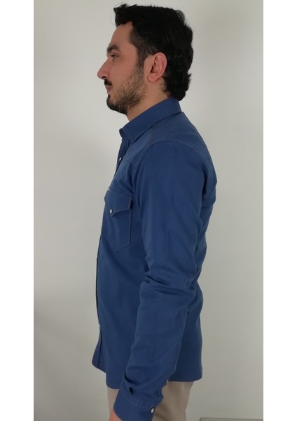 Slim Fit Western Armürlü İndigo Erkek Gömlek fiyatları