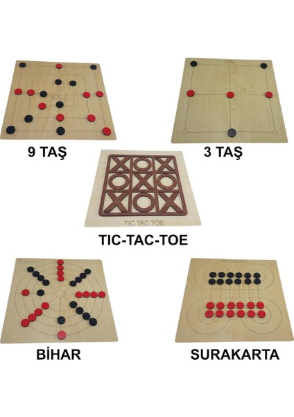 5 in 1 Ahşap Tic-Tac-Toe & 3 Taş & 9 Taş & Bihar ve Surakarta Akıl Zeka ve Strateji Oyunu