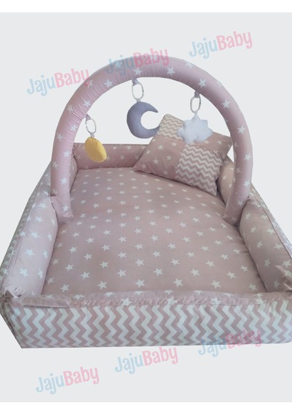 Pudra Yıldızlı Zikzaklı Kare Babynest Set