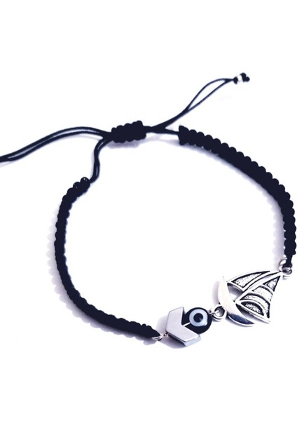 Siyah Nazar Boncuklu Hematit Taşlı Yelkenli Makrome Bileklik