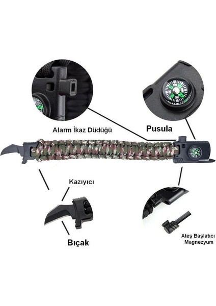 Survival Bileklik Bıçak Pusula Ateş Başlatıcı Magnezyum Yosemite