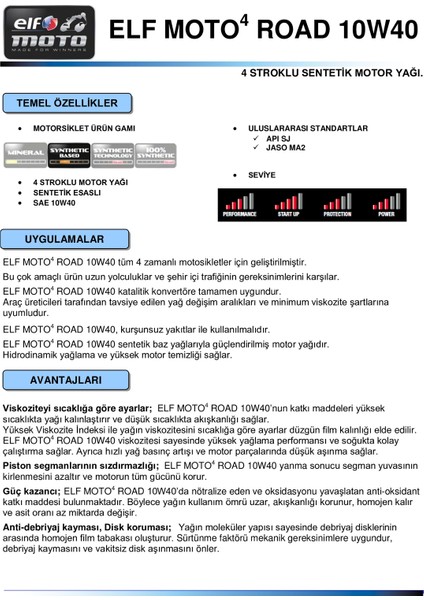 Moto 4 Road 4T 10w40 Motosiklet Yağı 1lt