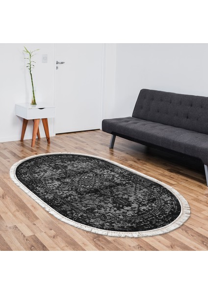 Yıldız Kaymaz Deri Tabanlı Saçaklı Yıkanabilir Dijital Halı Oval Antrasi̇t