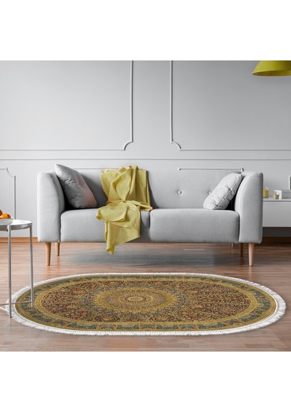 Yıldız Kaymaz Deri Tabanlı Saçaklı Yıkanabilir Dijital Halı Oval Bej