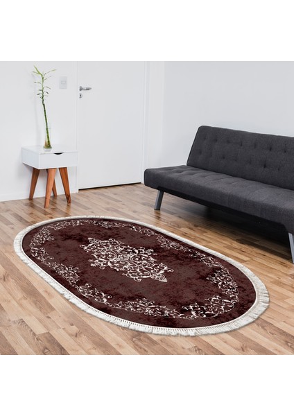 Yıldız Kaymaz Deri Tabanlı Saçaklı Yıkanabilir Dijital Halı Oval Bordo