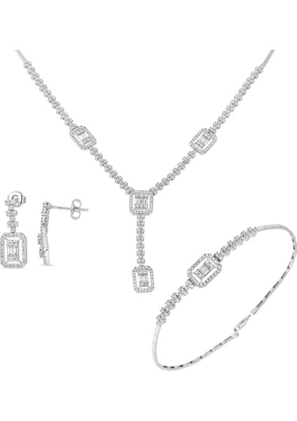 Baget Taşlı Beyaz Altın Set