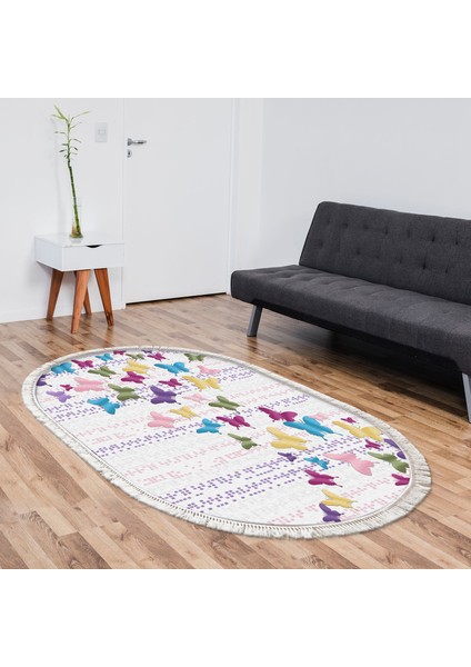 Yıldız Kaymaz Deri Tabanlı Saçaklı Yıkanabilir Dijital Halı Oval Multi̇