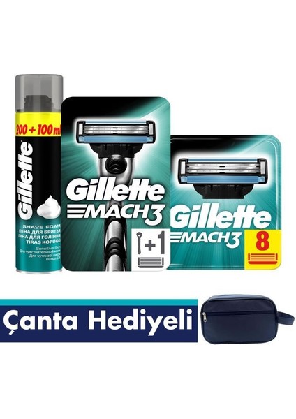 Mach3 Tıraş Makinesi + Yedek Bıçak 8'li + Köpük 300 ml + Çanta